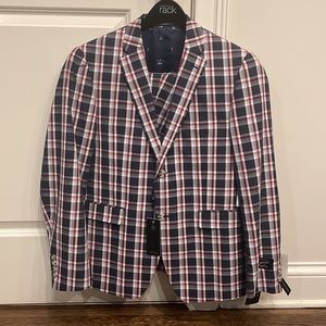 NWT Men’s Original Penguin 2-piece suit with shorts, red/white/blue check.